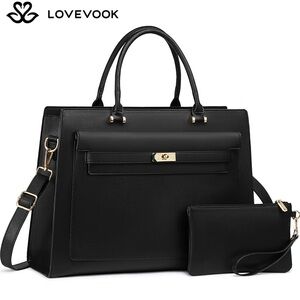 LOVEVOOK 17inch Laptop Handbag for Women,Waterproof PU Leather Crossbody Black